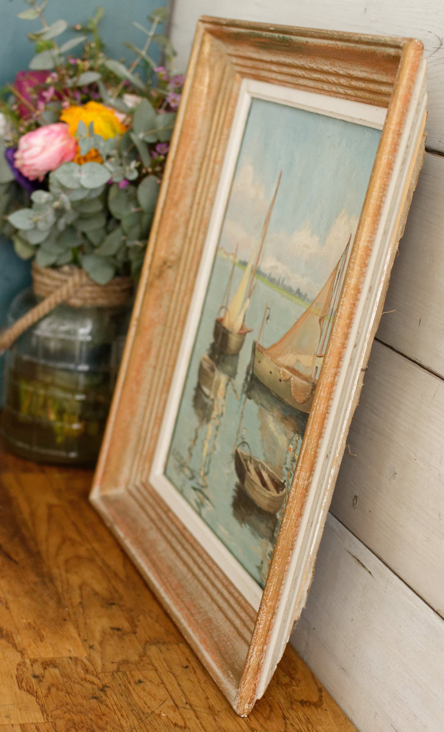 French Vintage Original Framed Oil Painting Signed by Artist E.LEDIEU 1937 Boat Scene "Huile Sur Toile Paysage Marin Bateaux"