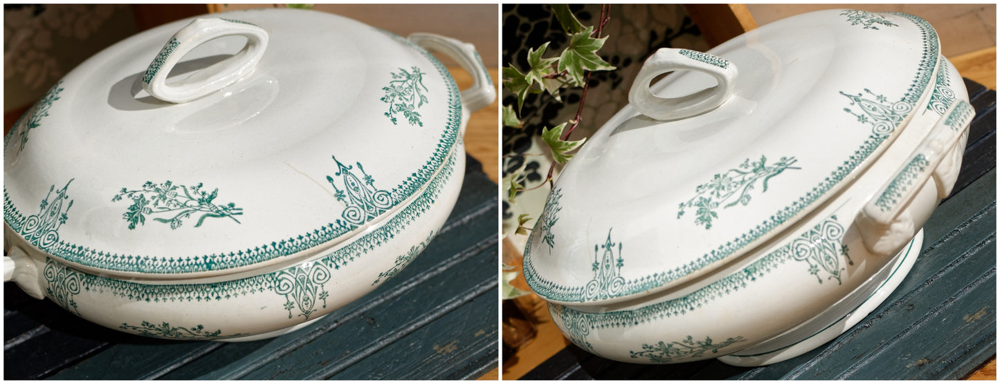 Années 1890/1900 ~ « Carlos MérovinGien » Faiencerie FF (Fenal Frères) PEXONNE ~ Français Antique Ironstone Green Transferware Soup Plate ~ Terre de Fer