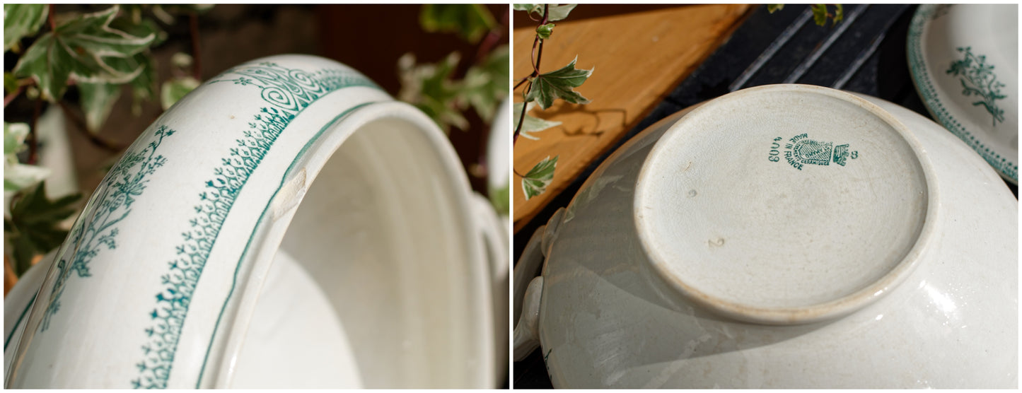 Années 1890/1900 ~ « Carlos MérovinGien » Faiencerie FF (Fenal Frères) PEXONNE ~ Français Antique Ironstone Green Transferware Soup Plate ~ Terre de Fer