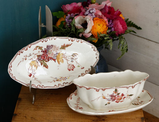 ALTHEA B&S Jules Etienne fils RARE Collectible English Antique Ironstone Polychrome Oval Serving Pieces Ravier Sauciere terre de fer faience