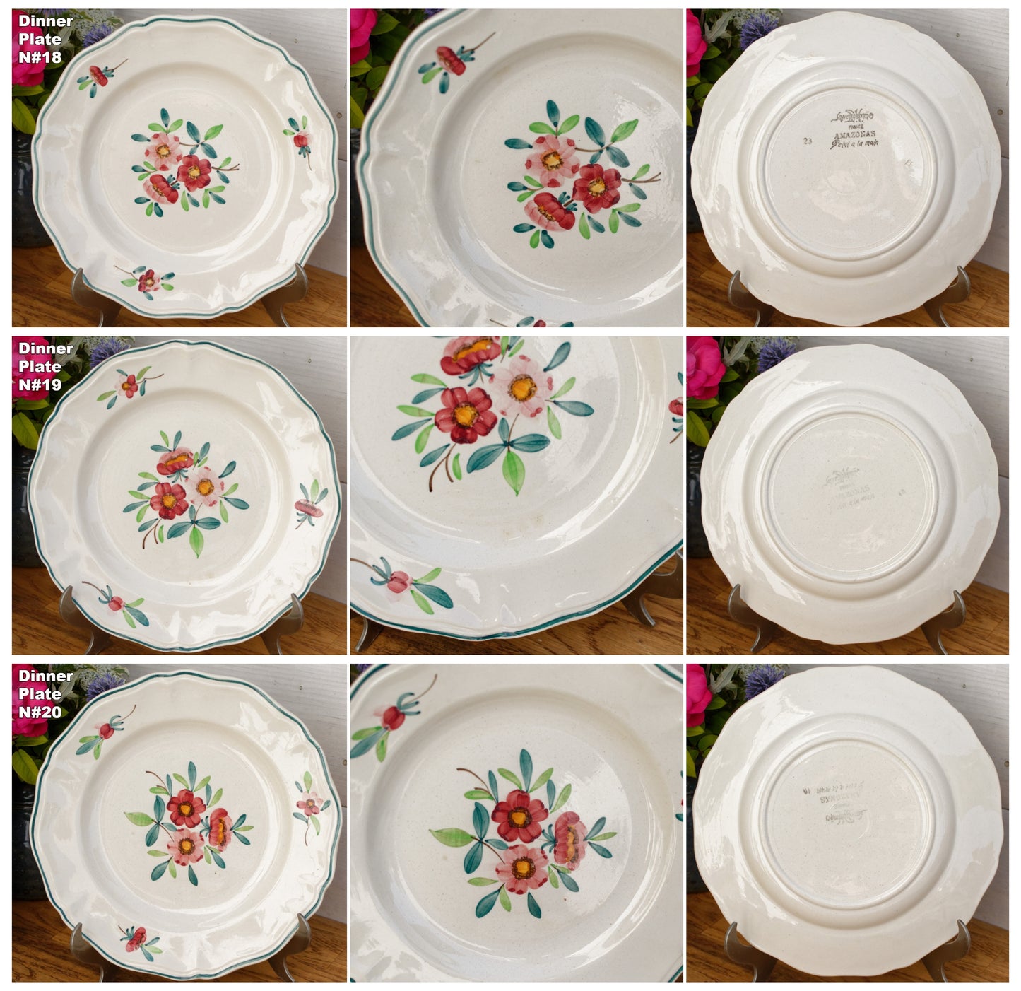 1890/1920s ~ "AMAZONAS" SARREGUEMINES Peint a la Main ~ French Antique Hand-Painted Ironstone Floral Dinner Plate ~ Terre de fer
