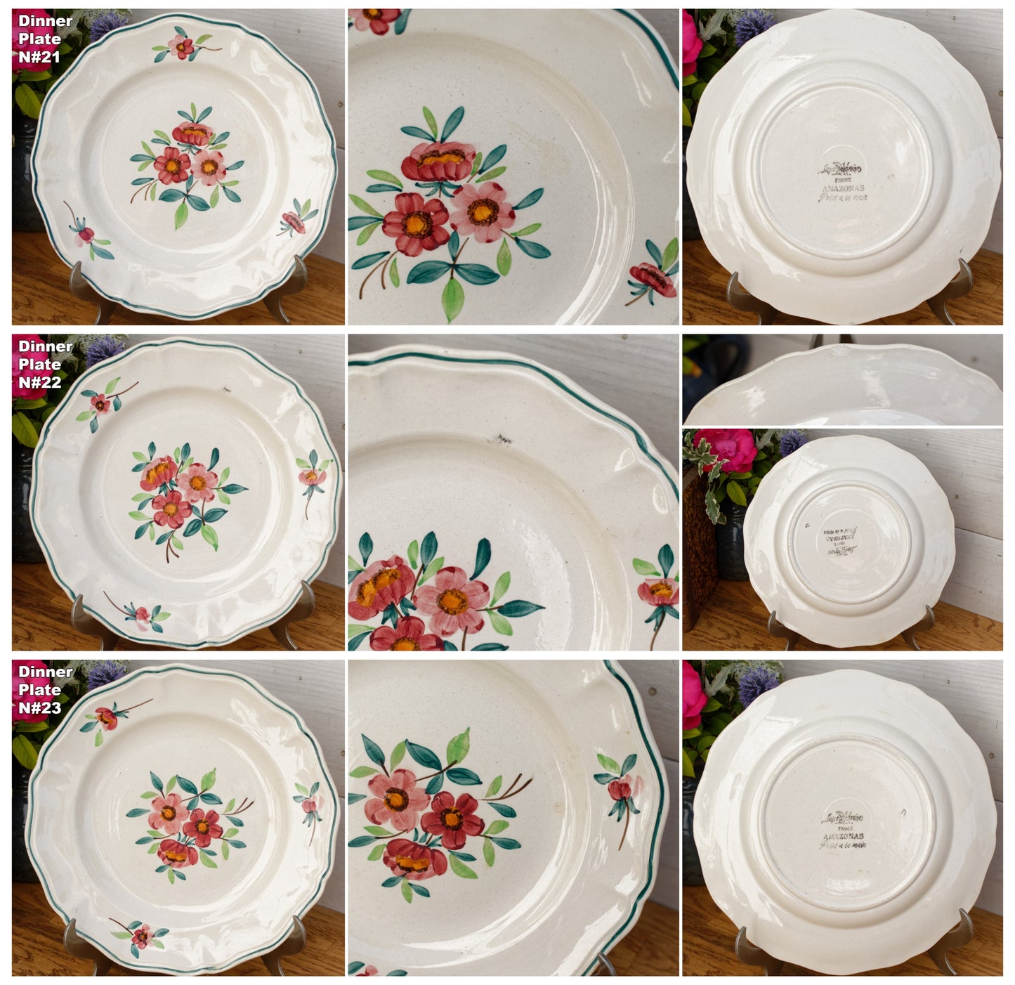 1890/1920s ~ "AMAZONAS" SARREGUEMINES Peint a la Main ~ French Antique Hand-Painted Ironstone Floral Dinner Plate ~ Terre de fer