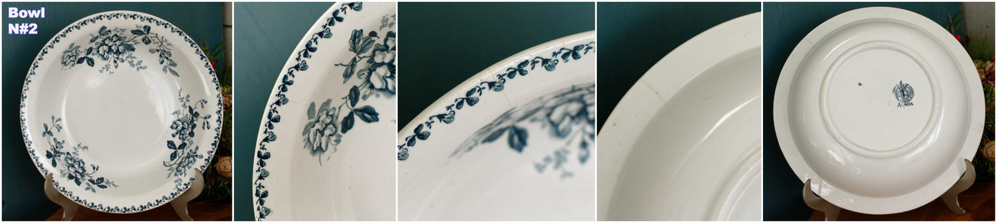 ACACIA Motif Moulins des Loups et Hamage Nord French Antique Ironstone Blue Transferware Round Serving Bowl Bol Creux Terre de fer en Faience