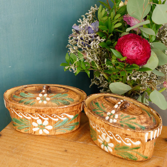 French Vintage Alsace SOUFFLENHEIM BAECKEOFFE Cocotte en Terre Cuite Set of 2 Brown Oval Stoneware Lidded Terrines Foie Gras Casserole Dish Made in France