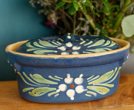 French Vintage Alsace SOUFFLENHEIM BAECKEOFFE Cocotte en Terre Cuite Light Blue Oval Stoneware Lidded Terrine Foie Gras Casserole Dish Made in France