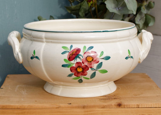 1890/1920s ~ "AMAZONAS" SARREGUEMINES Peint a la Main ~ French Antique Hand-Painted Ironstone Floral Round Serving Piece ~ Terre de fer