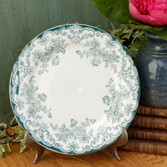 1880年代/1900年代~「ANGLAIS」L(レオン) ベルトラン・ボルドー~フランスアンティーク アイアンストーングリーントランスファーウェア ディナープレート~テール・ド・フェール