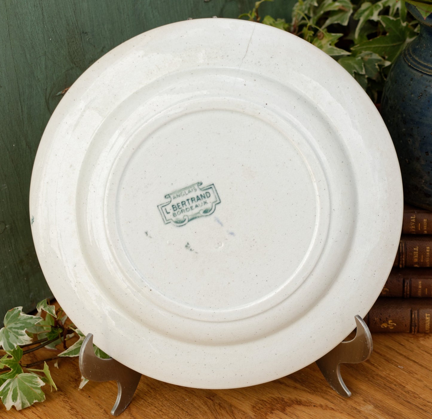 1880年代/1900年代~「ANGLAIS」L(レオン) ベルトラン・ボルドー~フランスアンティーク アイアンストーングリーントランスファーウェア ディナープレート~テール・ド・フェール
