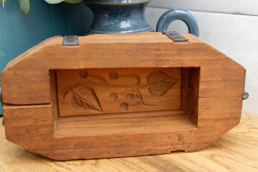 French Antique Wooden Hand-Carved Butter Mold (Mould) Hinged Press Stamp Leave Design