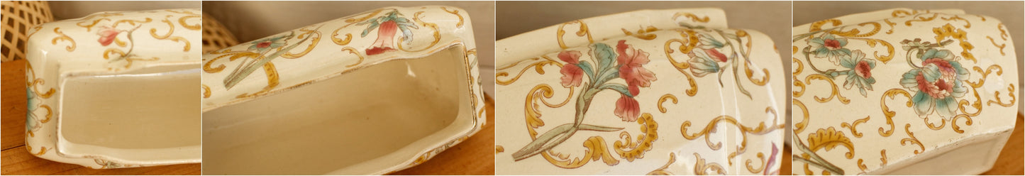 Faienceries D'Onnaing NORD France ~ Français vintage BARBOTINE Ironstone Grand Pot de Jardin ~ Surface en relief peinte à la main