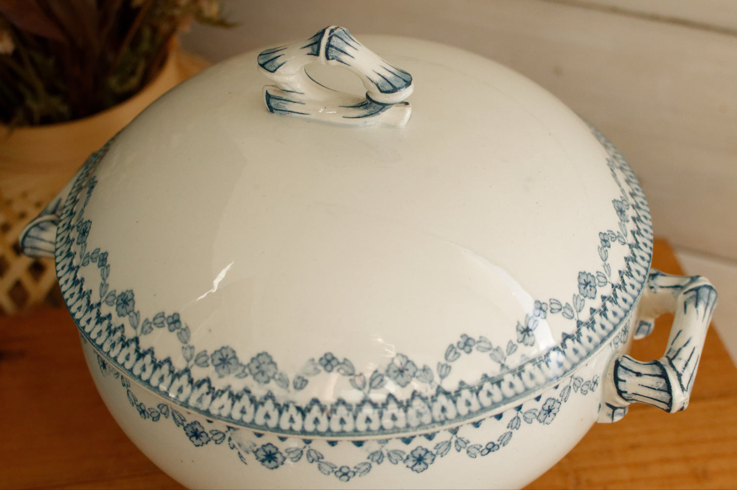 ARRAS Sarreguemines U&C French Antique Ironstone Blue Transferware Small Soup Tureen Soupiere Terre de Fer Faience