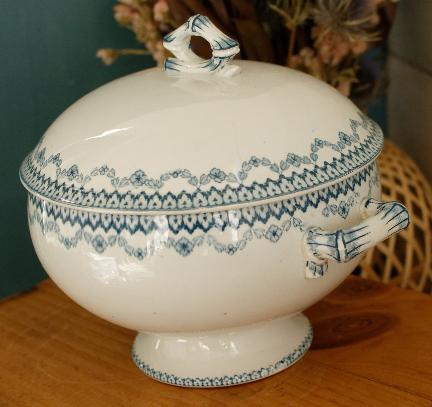 ARRAS Sarreguemines U&C French Antique Ironstone Blue Transferware Small Soup Tureen Soupiere Terre de Fer Faience