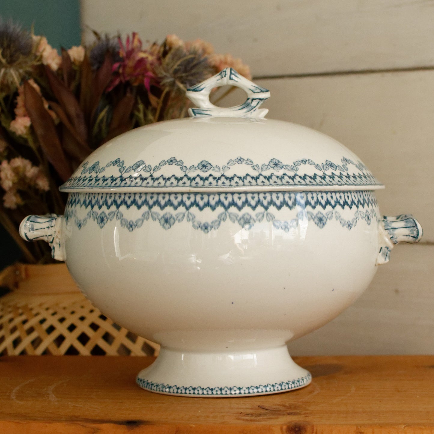 ARRAS Sarreguemines U&C French Antique Ironstone Blue Transferware Small Soup Tureen Soupiere Terre de Fer Faience
