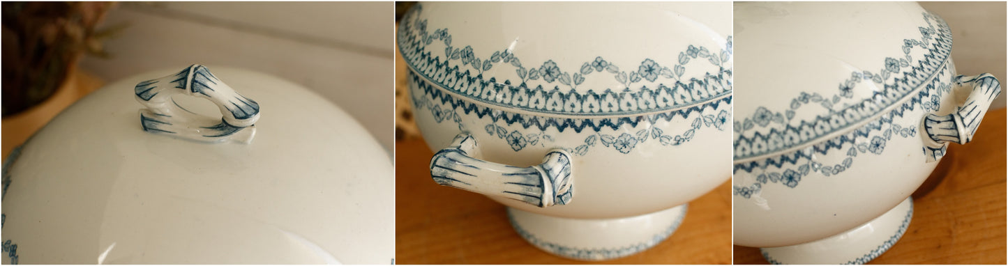 ARRAS Sarreguemines U&C French Antique Ironstone Blue Transferware Small Soup Tureen Soupiere Terre de Fer Faience