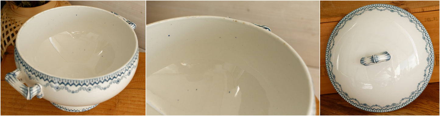 ARRAS Sarreguemines U&C French Antique Ironstone Blue Transferware Small Soup Tureen Soupiere Terre de Fer Faience