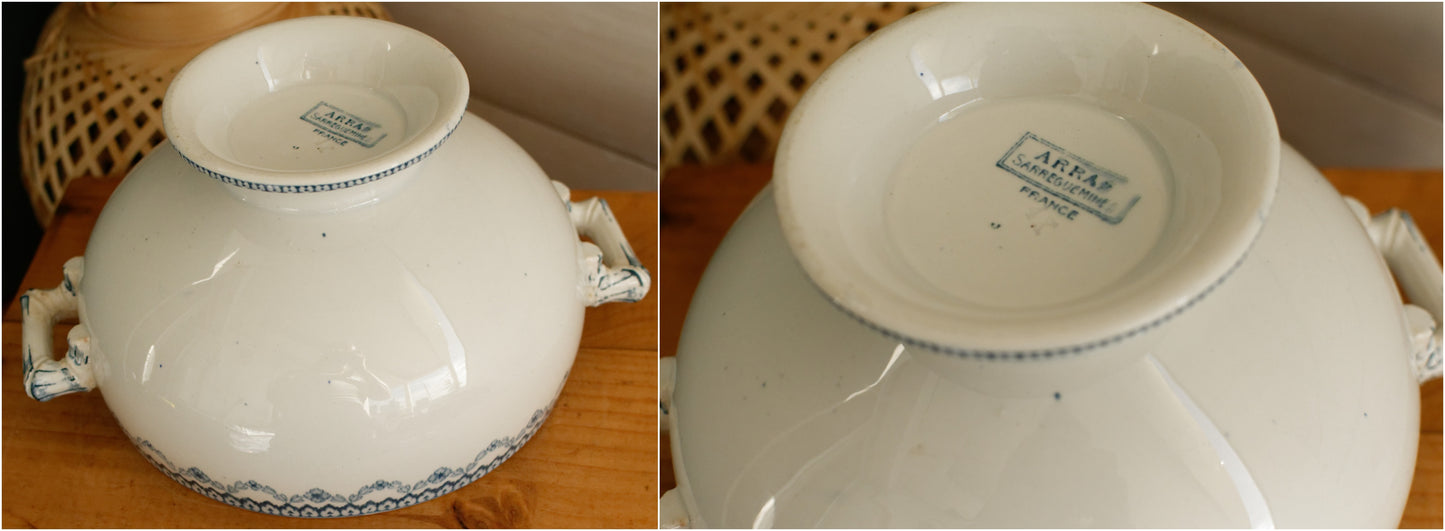 ARRAS Sarreguemines U&C French Antique Ironstone Blue Transferware Small Soup Tureen Soupiere Terre de Fer Faience