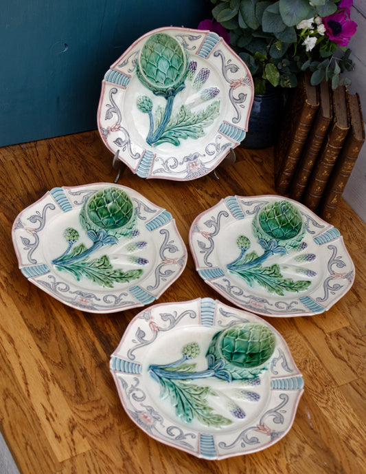 French Antique Hand-Painted Barbotine Majolica Ironstone Asparagus Artichoke Plate Terre de fer