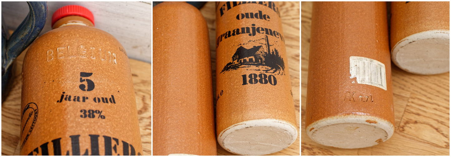 Belgium Vintage Empty Collectible Liquor Stone Bottle "LOOS Genievre D'Alambic Pur Grains 50%" & "Filliers Oude Graanjenevers 1880 38%" ~ Enameled Sandstone Liquor Bottle