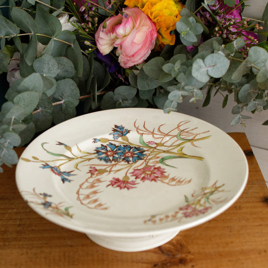 BLEUET Motif K&G (Keller et Guérin) Lunéville French Antique Ironstone Polychrome Footed Cake Plate "Plat à gâteau sur pied" Terre de Fer en Faience
