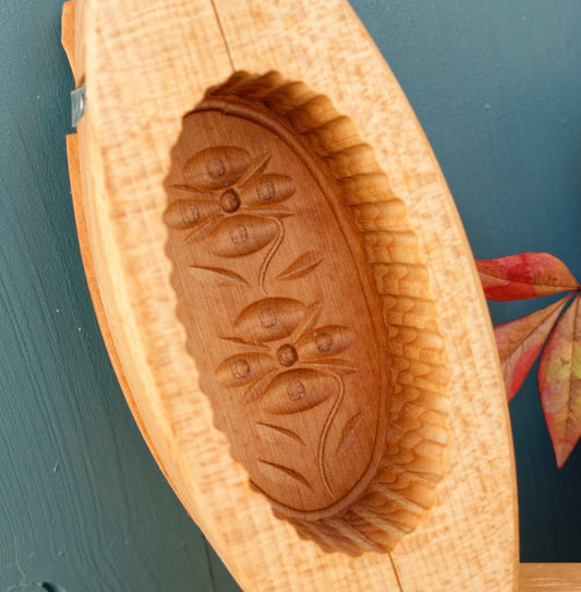 French Vintage Wooden Hand-Carved Butter Mold (Mould) Small Stamp Leave Design