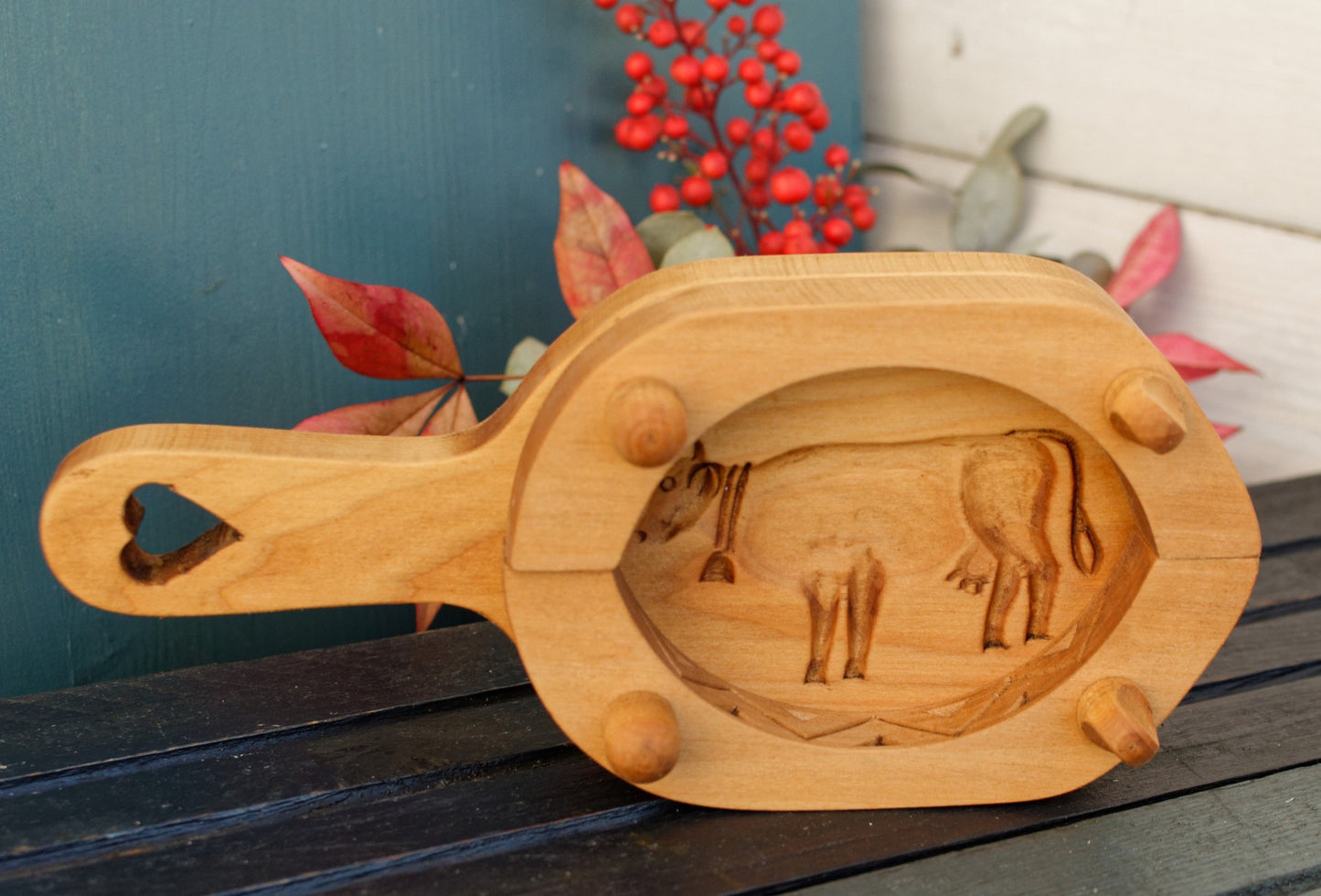 French Vintage Wooden Hand-Carved Butter Mold (Mould) Farm Cow Scene Stamp Les Sculpteurs du Lac