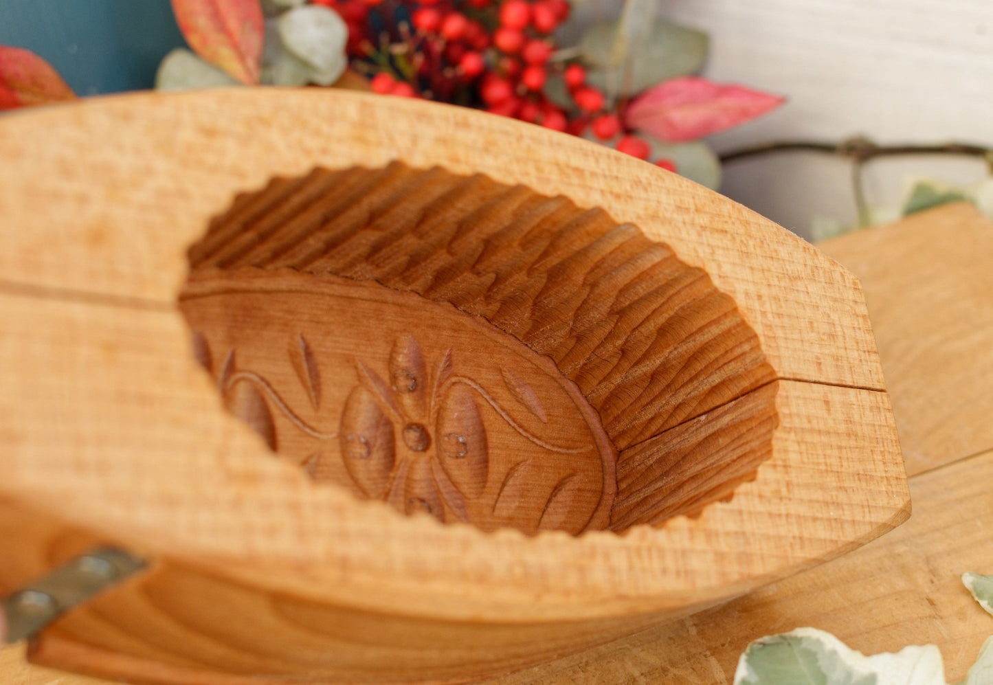 French Vintage Wooden Hand-Carved Butter Mold (Mould) Small Stamp Leave Design
