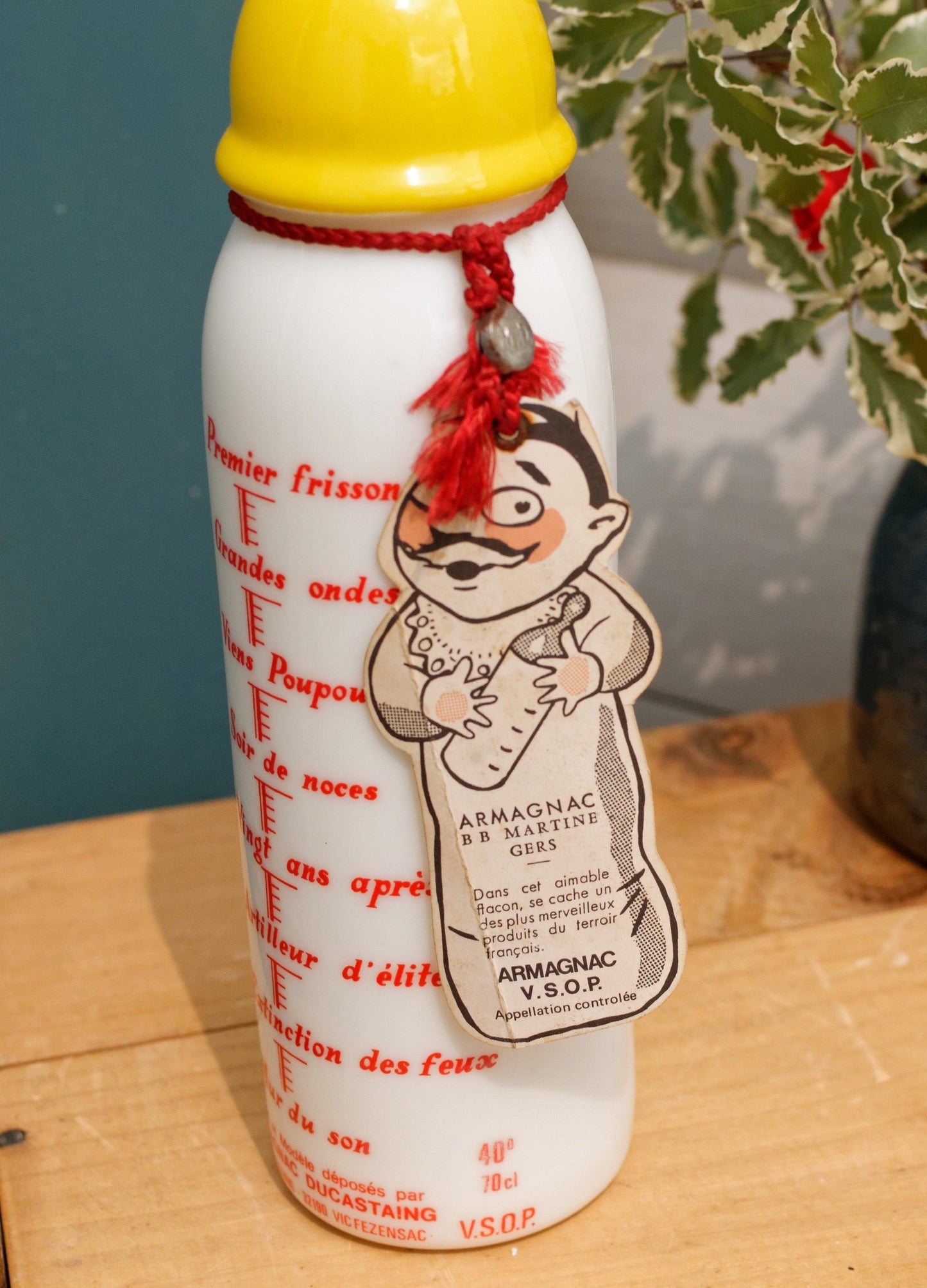 French Vintage Collectible Milk Glass Liquor Bottle ~ L’Armagnac Ducastaing VSOP Brandy ~ Humorous Large Baby Bottle ~ Condom en Armagnac 40% vol