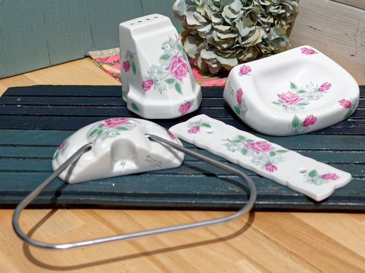 SINGER Limoges France La Rose Reine French Vintage Fine Porcelain Bathroom Accessories Set of 4 pieces C'est un decor