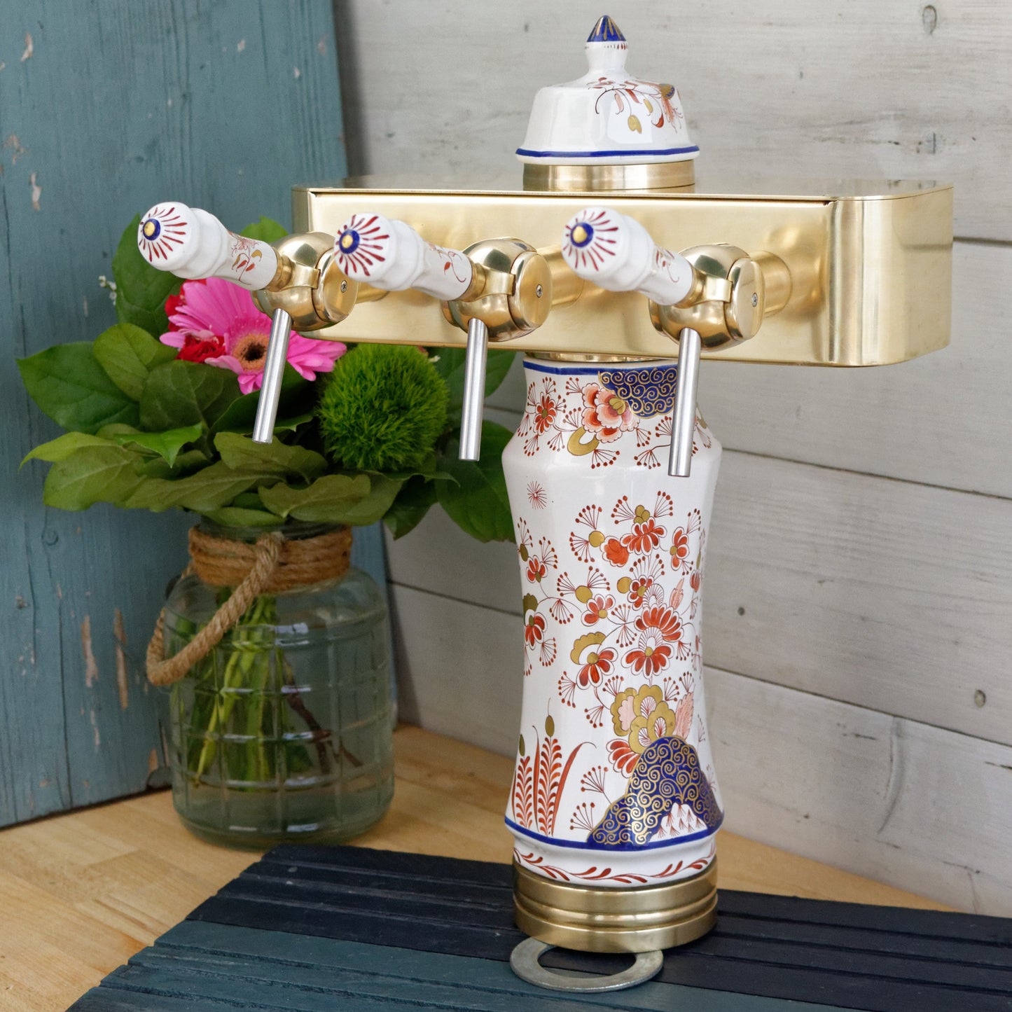 French Vintage Brass Porcelain 3-Tap Beer Draft Pump (Pompe) Tower Dispenser ~ Collectible Barware Accessories