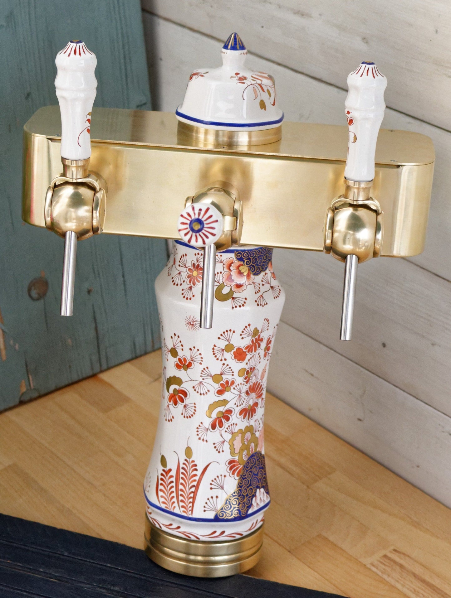 French Vintage Brass Porcelain 3-Tap Beer Draft Pump (Pompe) Tower Dispenser ~ Collectible Barware Accessories