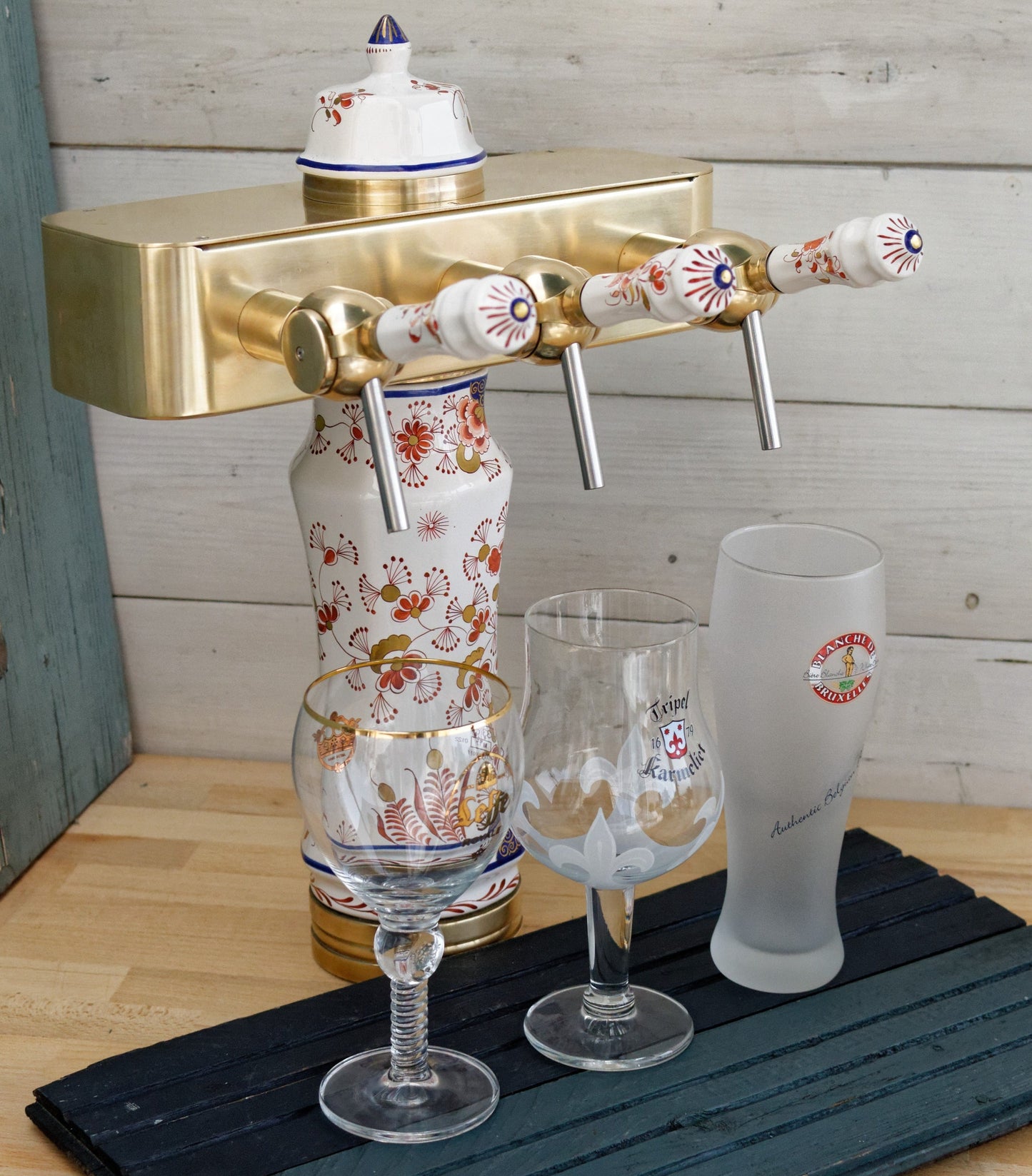 French Vintage Brass Porcelain 3-Tap Beer Draft Pump (Pompe) Tower Dispenser ~ Collectible Barware Accessories