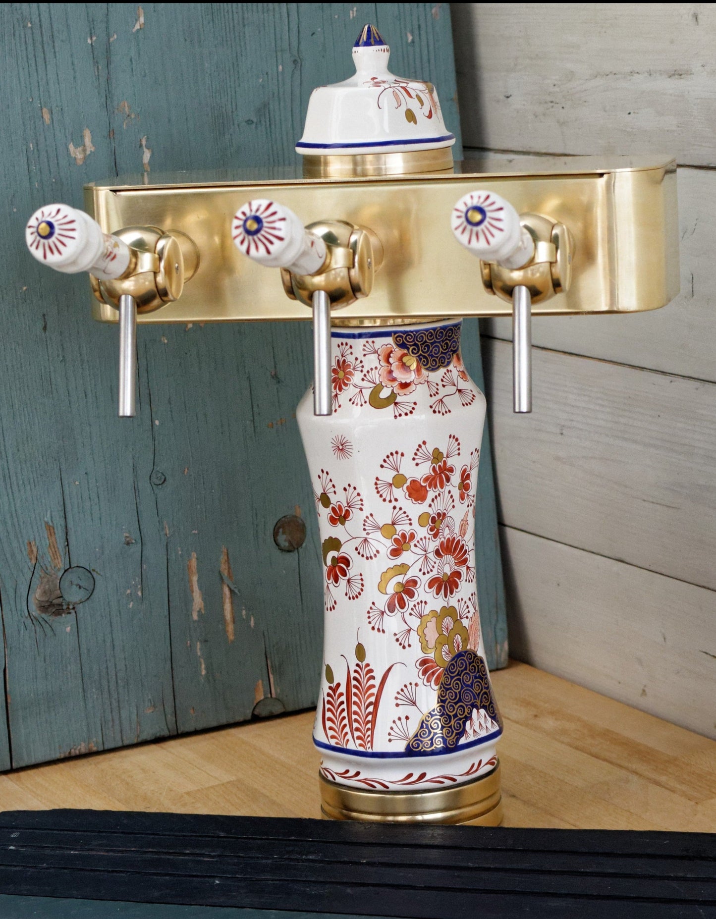 French Vintage Brass Porcelain 3-Tap Beer Draft Pump (Pompe) Tower Dispenser ~ Collectible Barware Accessories