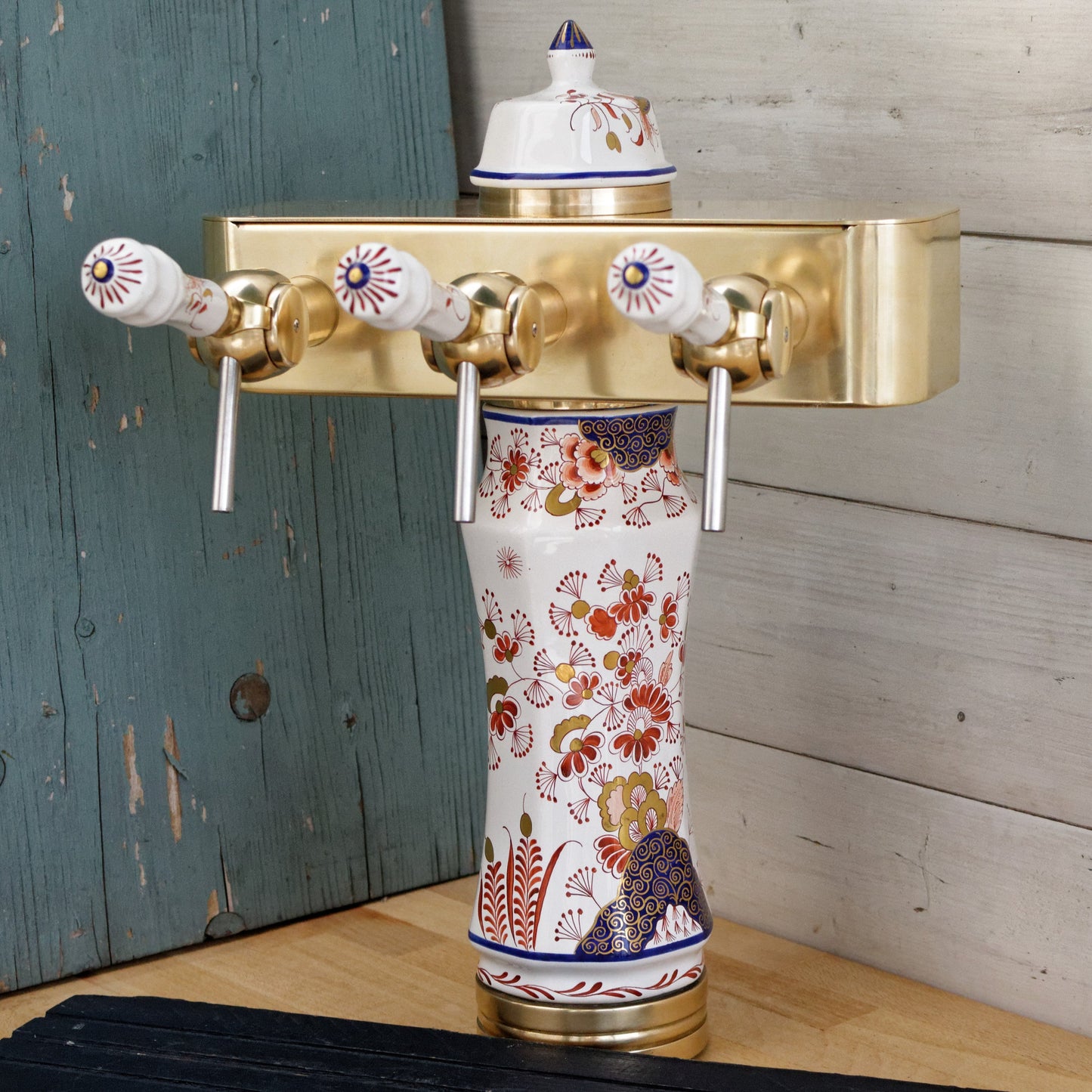 French Vintage Brass Porcelain 3-Tap Beer Draft Pump (Pompe) Tower Dispenser ~ Collectible Barware Accessories