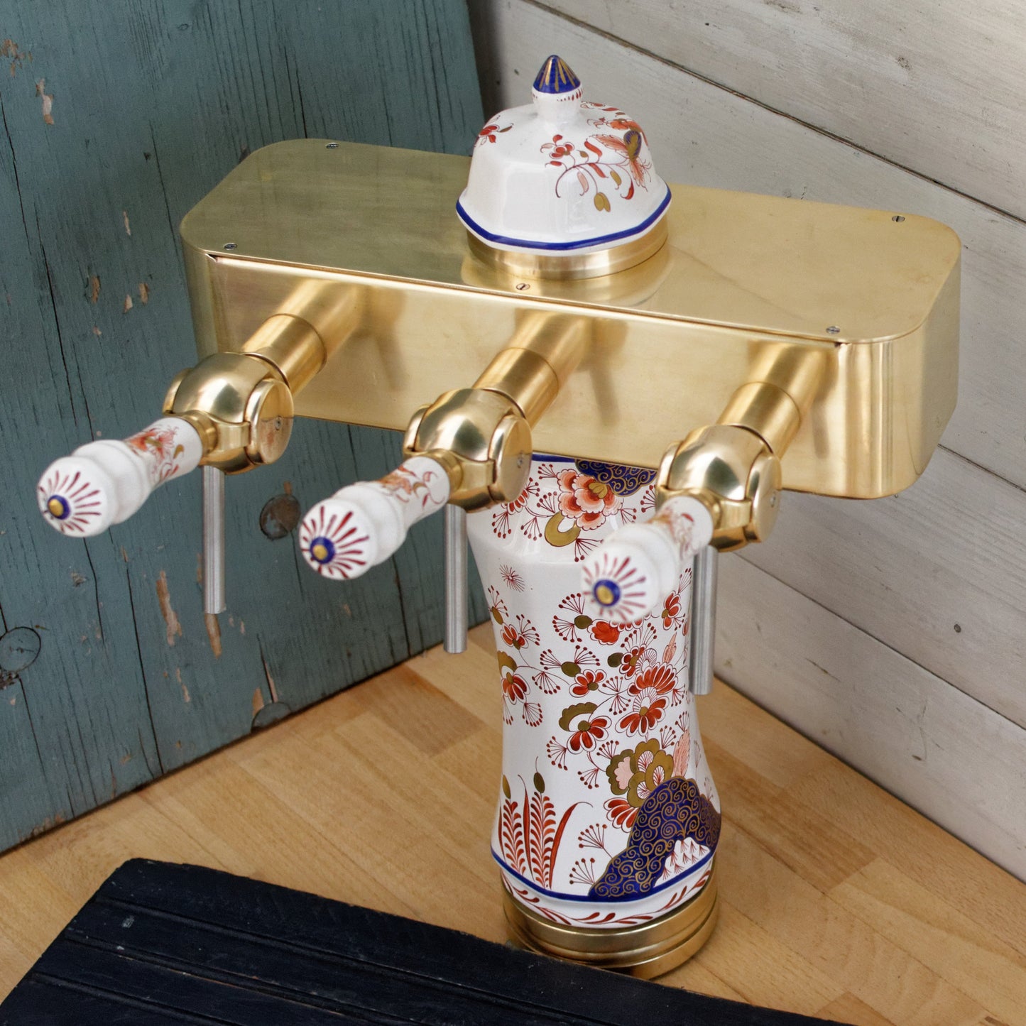French Vintage Brass Porcelain 3-Tap Beer Draft Pump (Pompe) Tower Dispenser ~ Collectible Barware Accessories