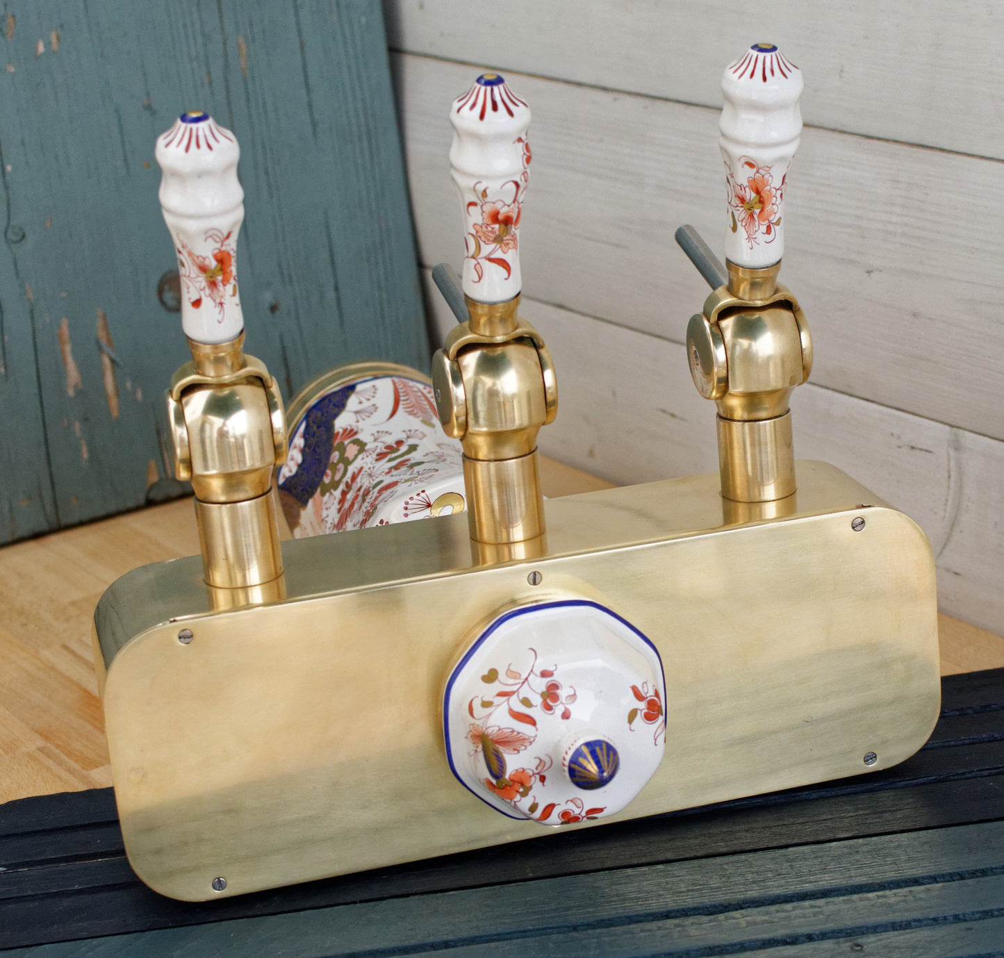 French Vintage Brass Porcelain 3-Tap Beer Draft Pump (Pompe) Tower Dispenser ~ Collectible Barware Accessories