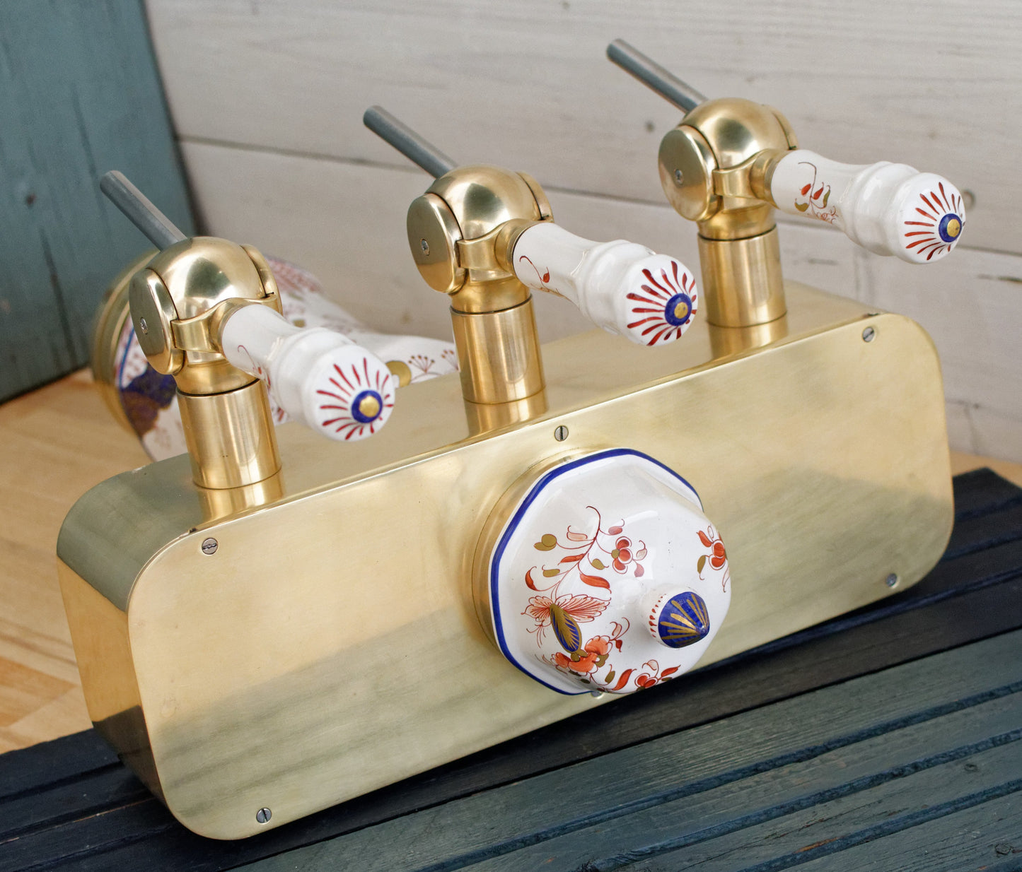 French Vintage Brass Porcelain 3-Tap Beer Draft Pump (Pompe) Tower Dispenser ~ Collectible Barware Accessories