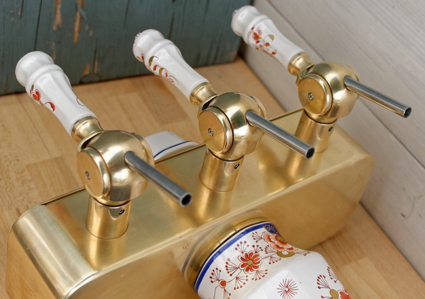 French Vintage Brass Porcelain 3-Tap Beer Draft Pump (Pompe) Tower Dispenser ~ Collectible Barware Accessories