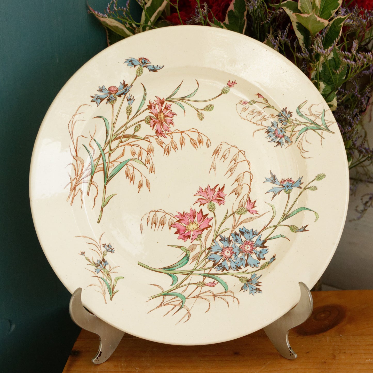 BLEUET K&G (Keller et Guérin) Lunéville French Antique Ironstone Polychrome Serving Plate Terre de Fer en Faience
