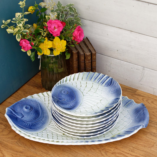 1950s ~ AR LR Sevres ~ French Vintage BARBOTINE Majolica Style Fish-Shaped Platter Plate ~ Made in France