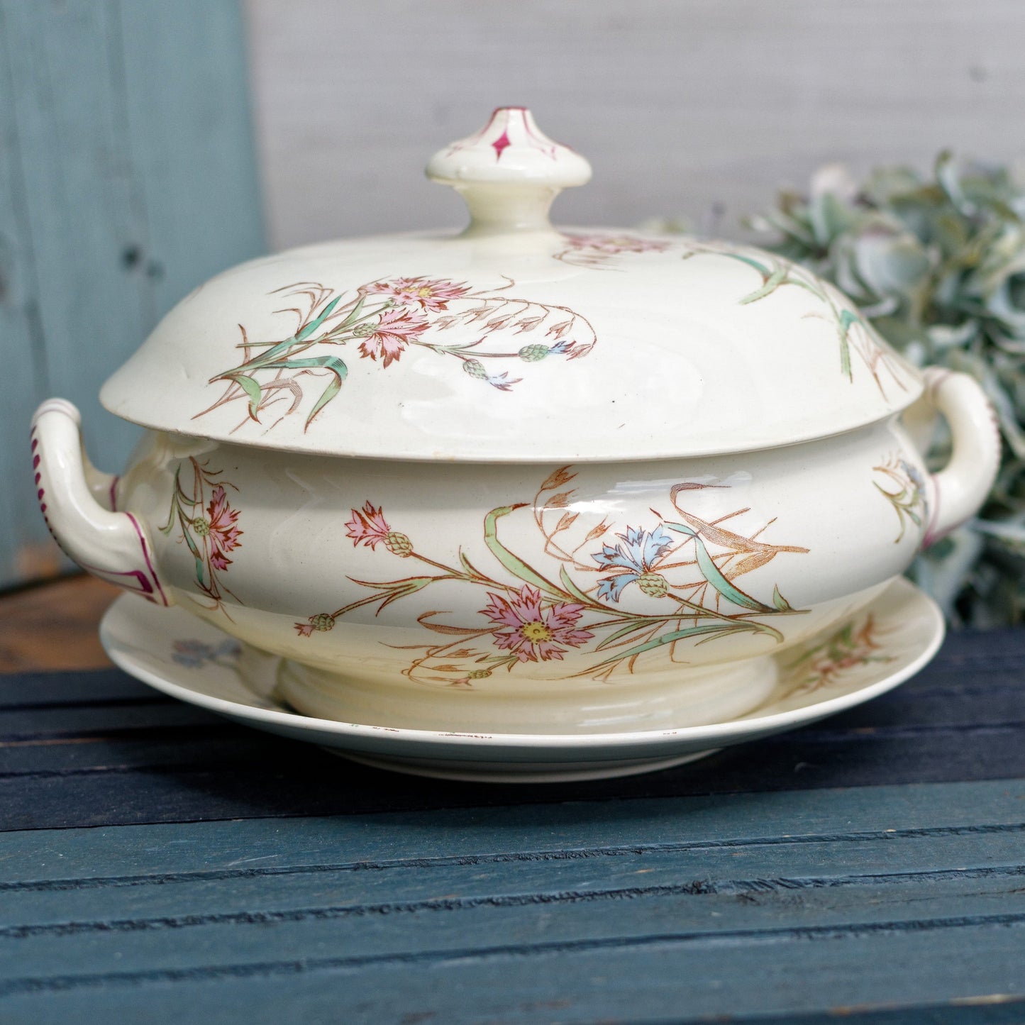 French Antique Ironstone Soup Tureen w/ Serving Plate BLEUET Motif K&G (Keller et Guérin) Lunéville Terre de Fer