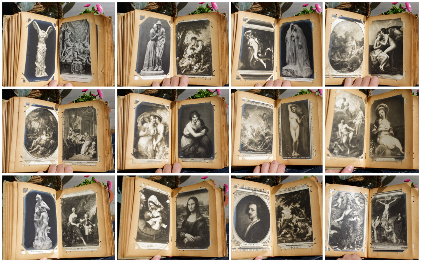 1900s French Antique Collectible "Carte Postale" Album Collection of Black & White Union Postale Universelles JK Post Cartes Works of Famous Artists