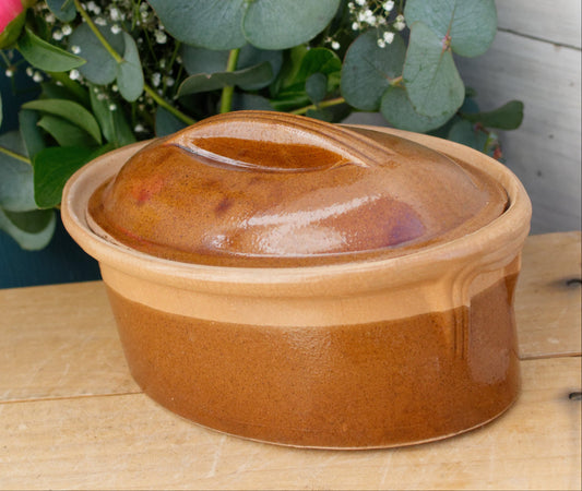 1950s La Bourguignonne French Vintage Oval Foie Gras Lidded Terrine Pot Casserole Stoneware for Pate Made in France