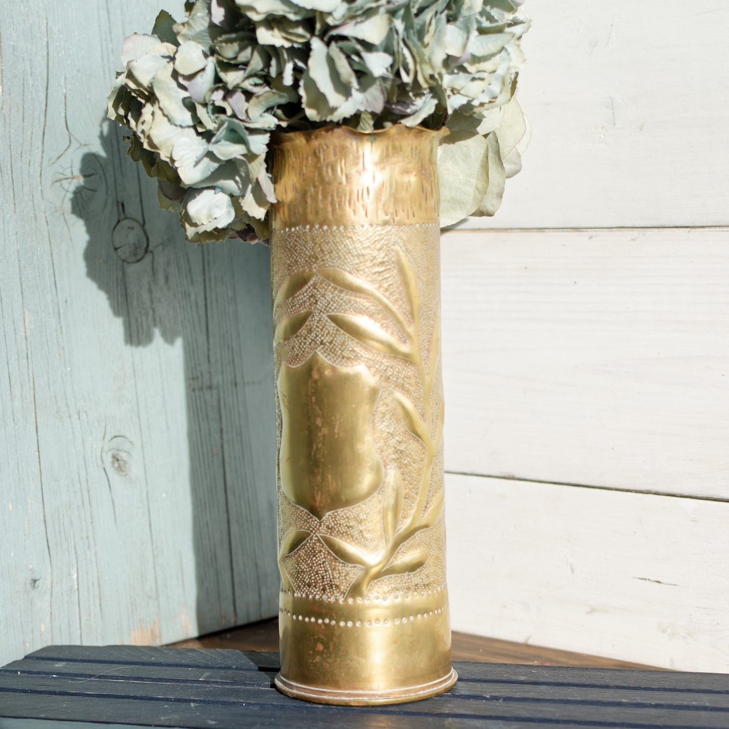 French Antique Collectible Remington Hand Carved Empty Shell Case "Vase" ~ 1914-18 WWI ~ Large Brass Bullet UMC 75 mm