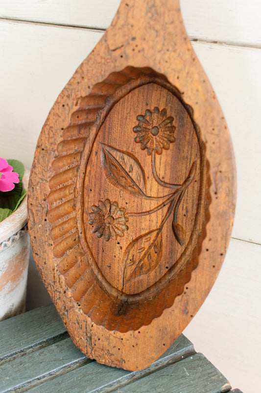 French Antique Wooden Hand-Carved Butter Mold Moule a Beurre en Bois Stamp Press Mould Leave Design