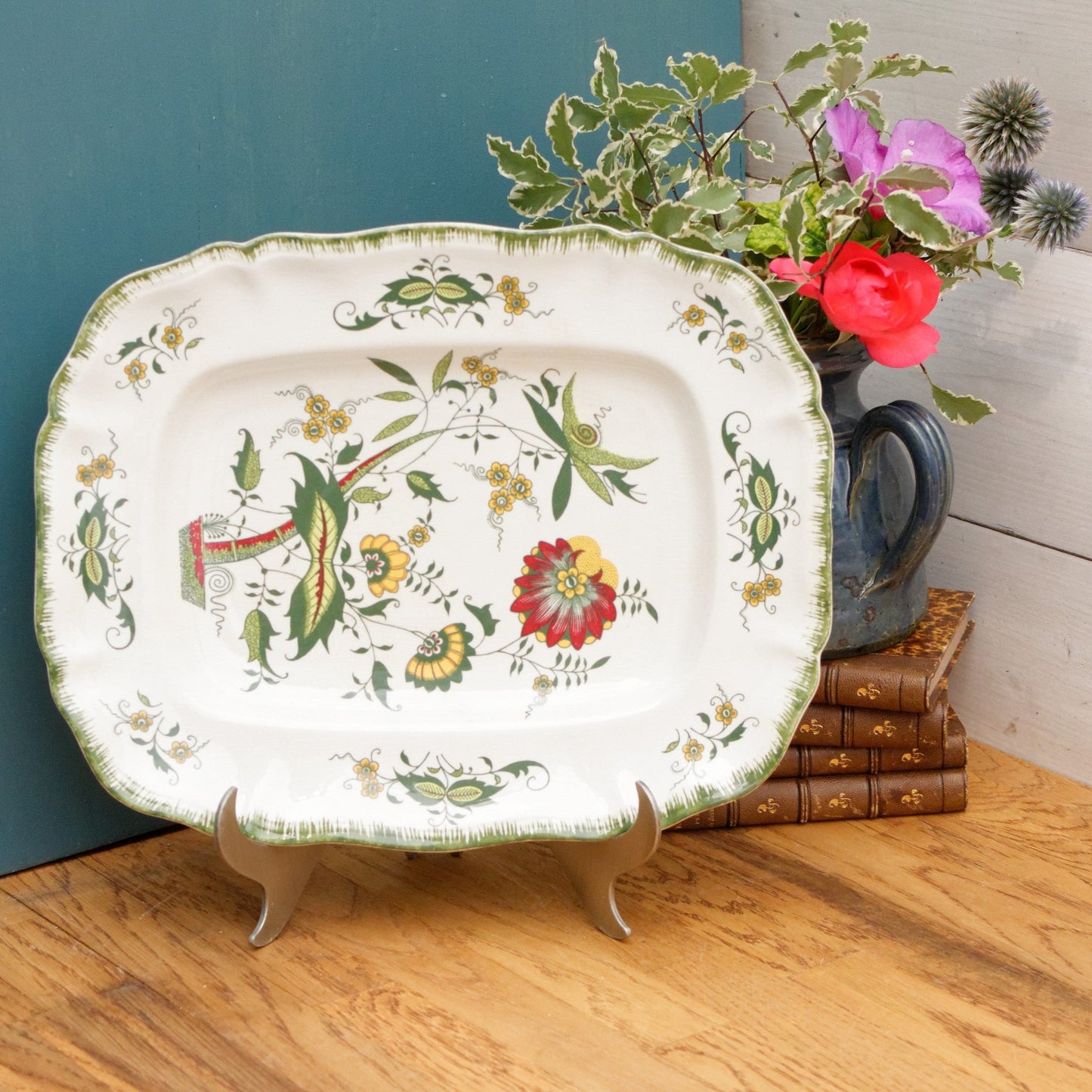 CLARENCE par SARREGUEMINES France Decor Garanti inalterable French Vintage Hand-Painted Ironstone Polychrome Rectangle Serving Plate Terre de fer faience