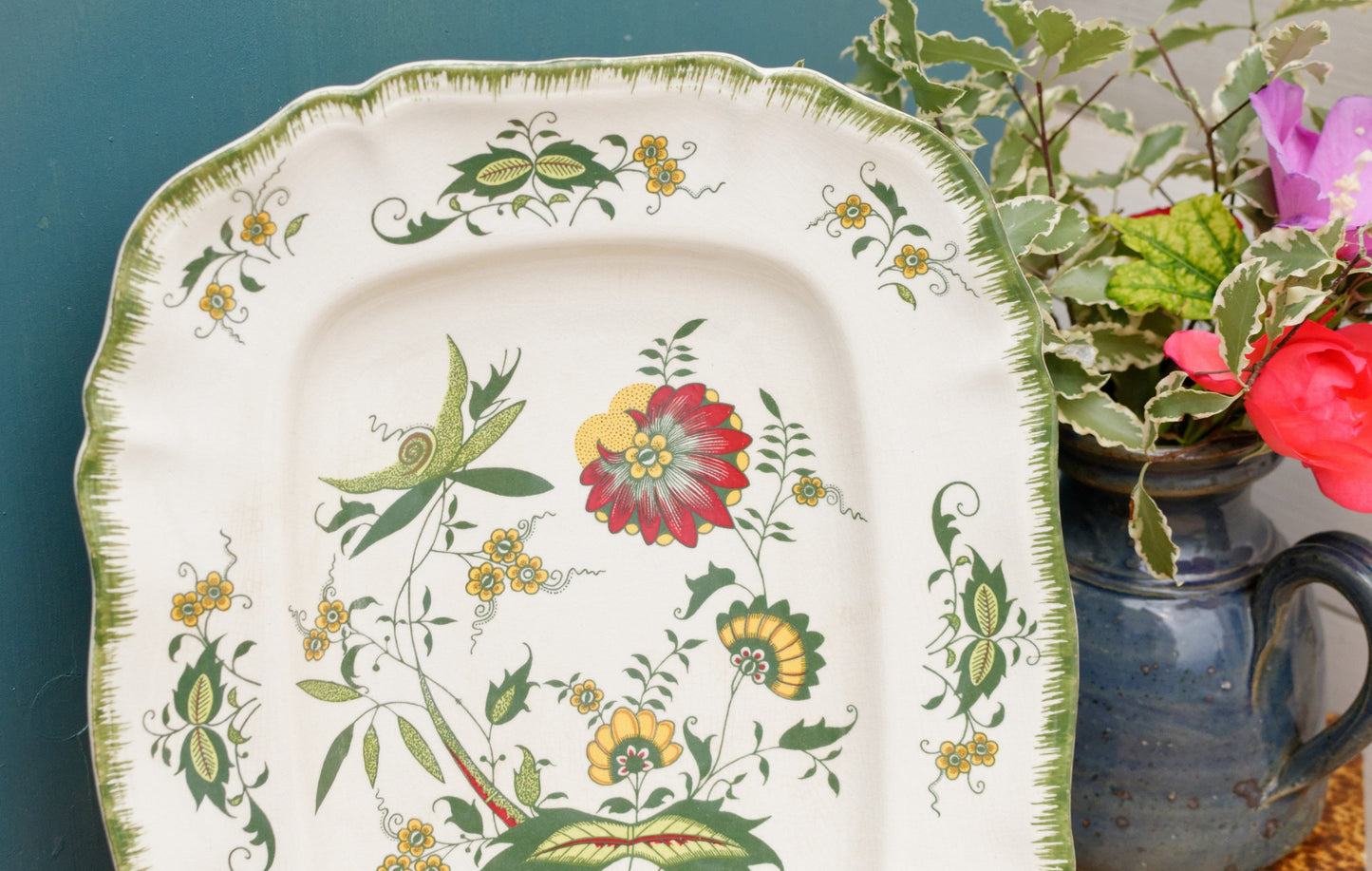 CLARENCE par SARREGUEMINES France Decor Garanti inalterable French Vintage Hand-Painted Ironstone Polychrome Rectangle Serving Plate Terre de fer faience