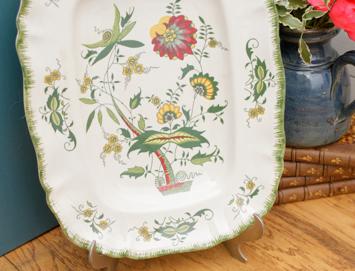 CLARENCE par SARREGUEMINES France Decor Garanti inalterable French Vintage Hand-Painted Ironstone Polychrome Rectangle Serving Plate Terre de fer faience