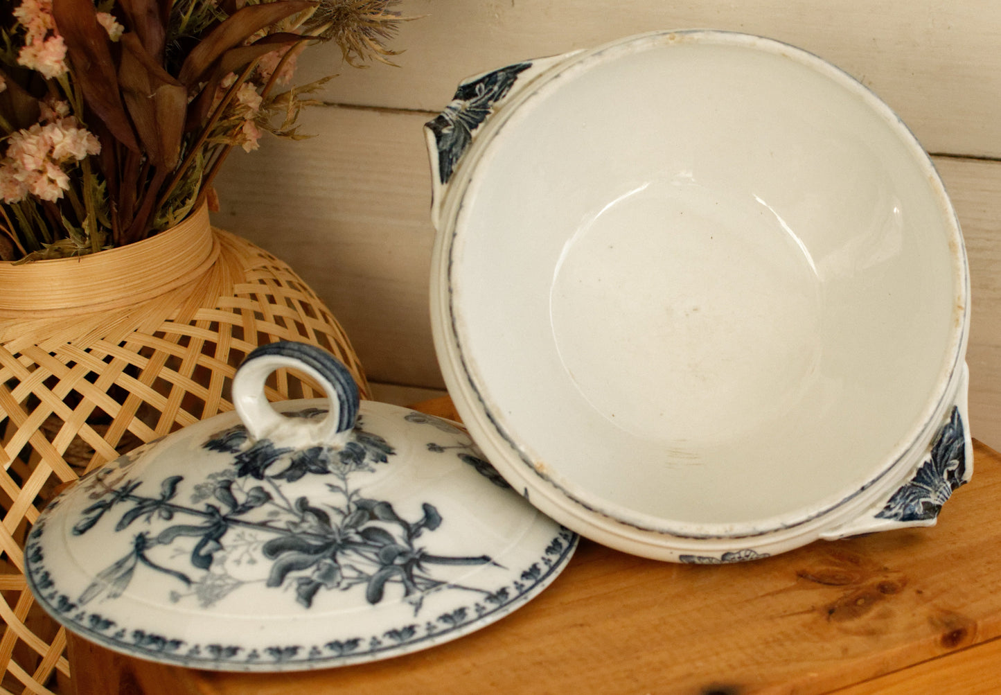 CARMEN Sarreguemines U&C French Antique Ironstone Blue Transferware Small Soup Tureen Soupiere Terre de Fer Faience