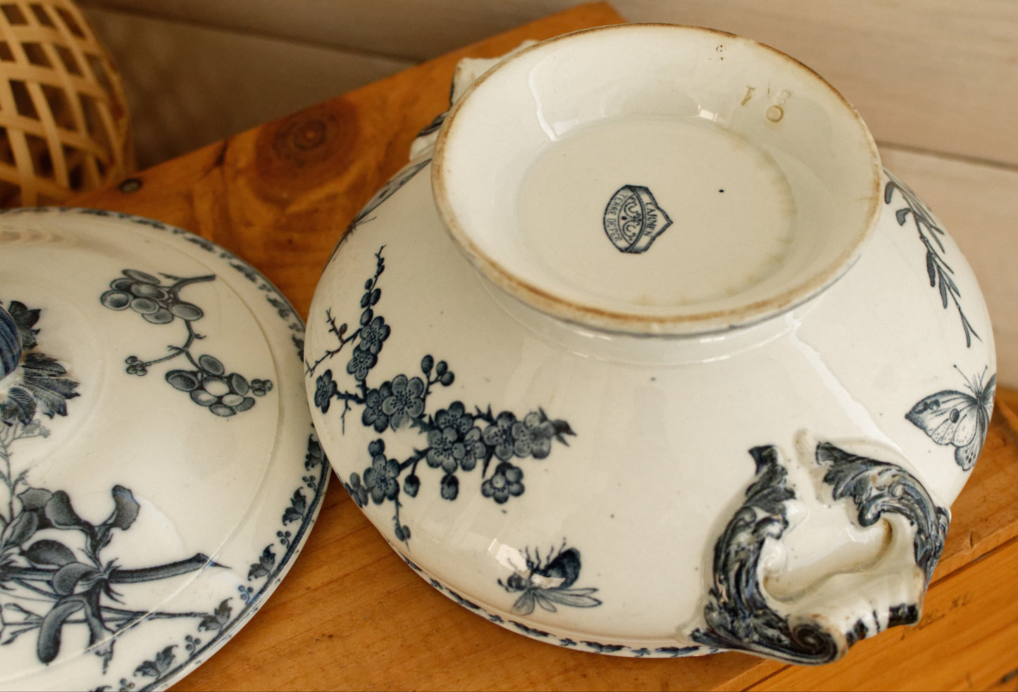 CARMEN Sarreguemines U&C French Antique Ironstone Blue Transferware Small Soup Tureen Soupiere Terre de Fer Faience