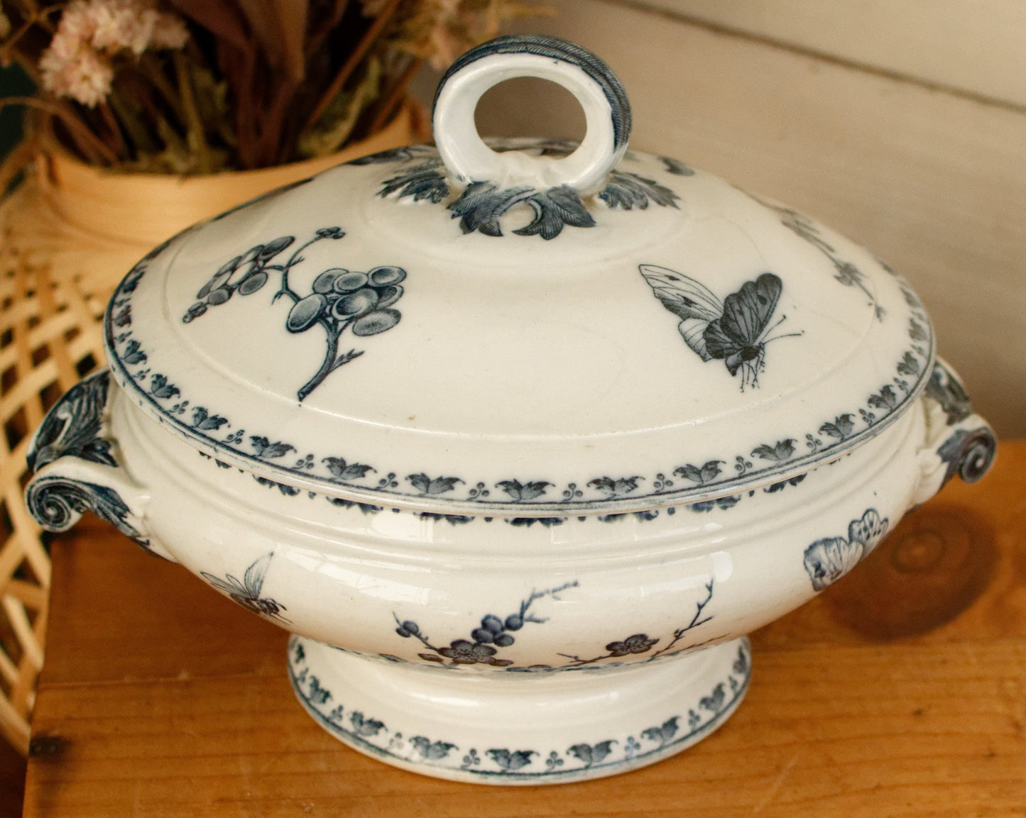 CARMEN Sarreguemines U&C French Antique Ironstone Blue Transferware Small Soup Tureen Soupiere Terre de Fer Faience